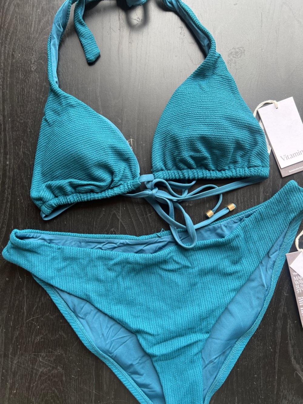 Vitamin A Teal Ribbed Triangle Bikini Set XXL top, XL bottom B16